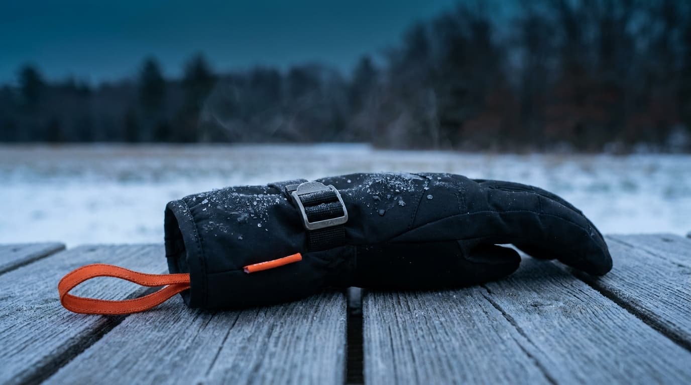 Frost melting off a matte black insulated glove on weathered wood