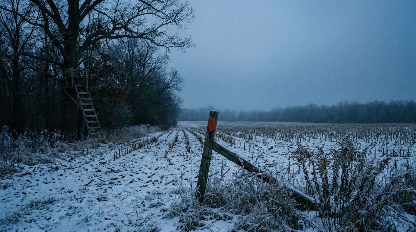 Empty ladder stand at the foggy edge of hardwood timber at dawn