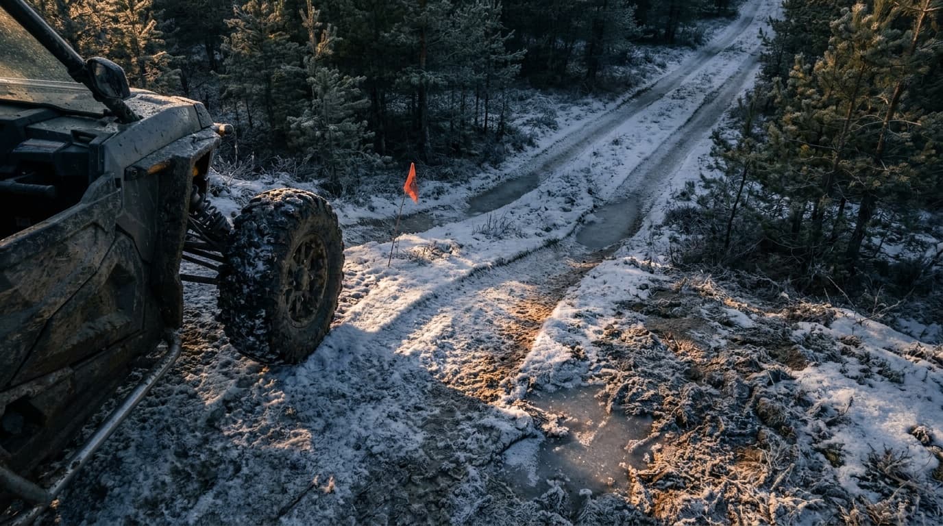 Mud-caked UTV wheel and suspension on a frozen two-track through pines