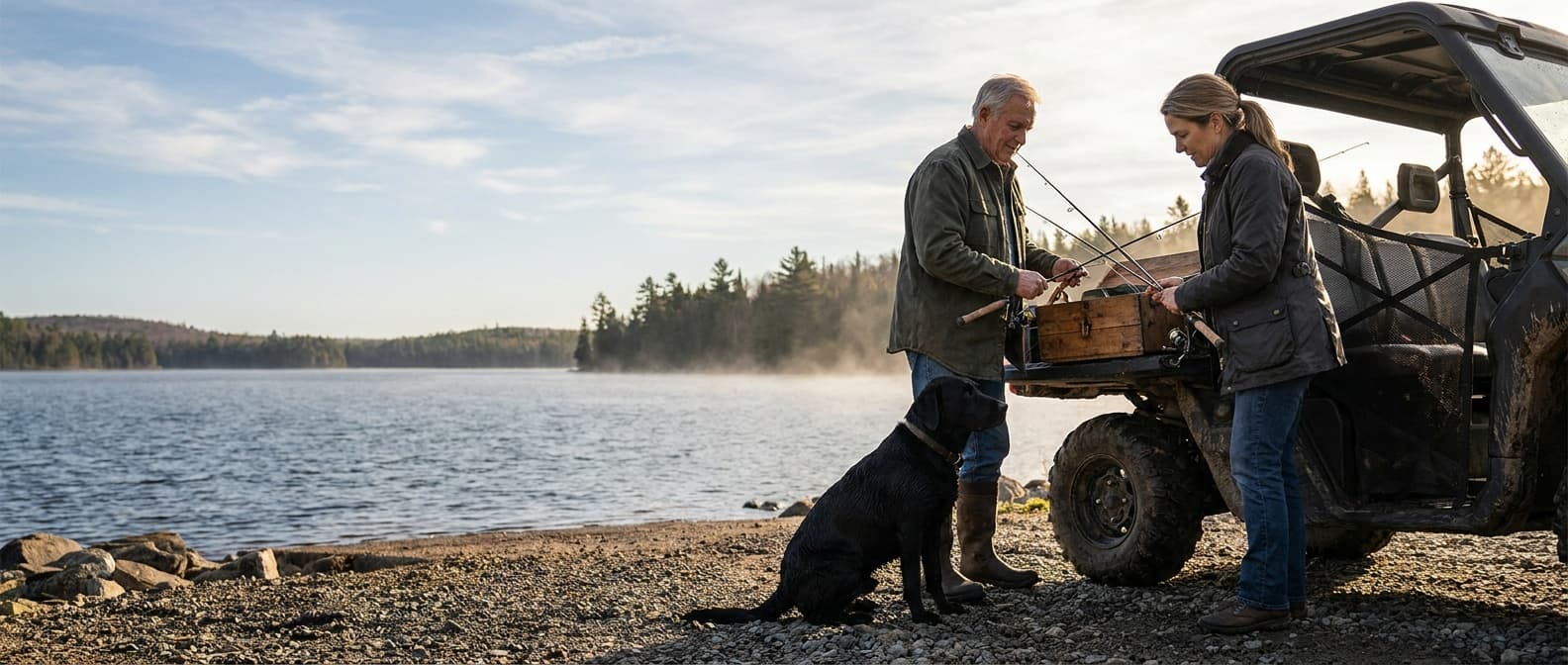 Two anglers unload fishing rods from a side-by-side with a black Labrador beside a northern lake