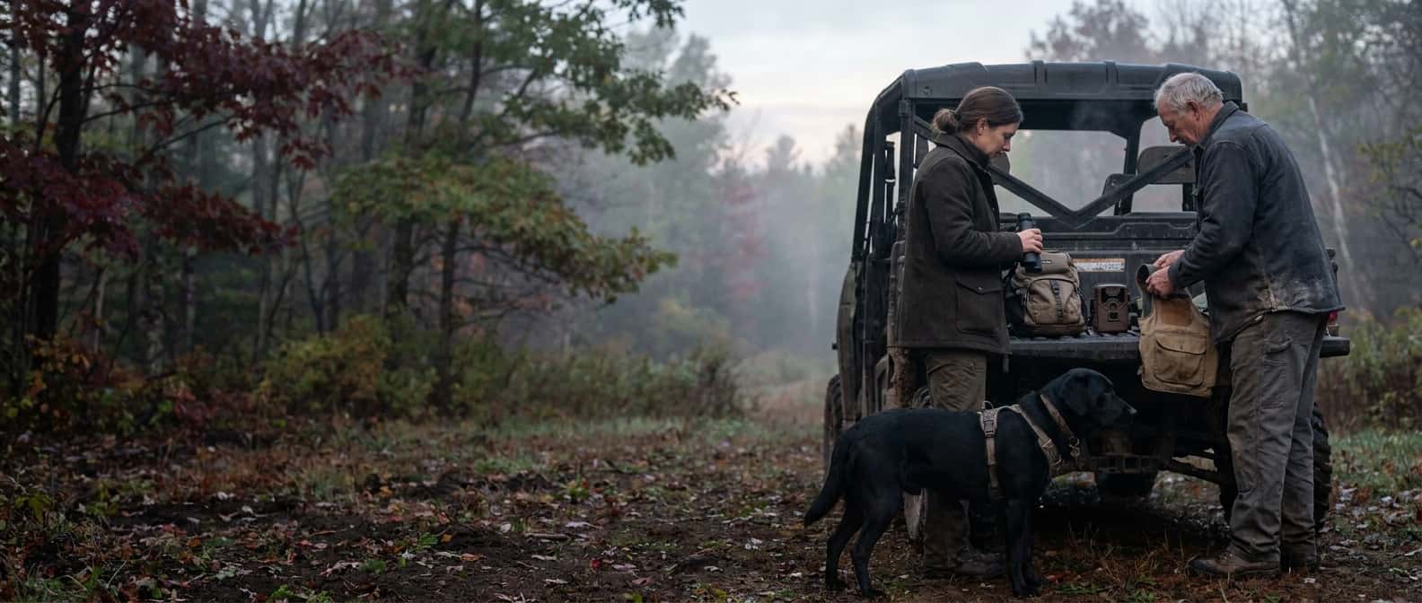 Two hunters organize optics and dog gear beside a trailhead in wet autumn woods while a black Labrador waits